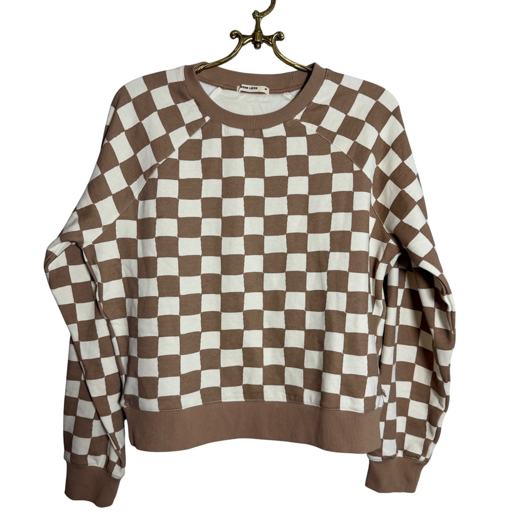 Marine Layer Womens Brown Cream Checkerboard Raglan Pullover Sweatshirt Size‎ M